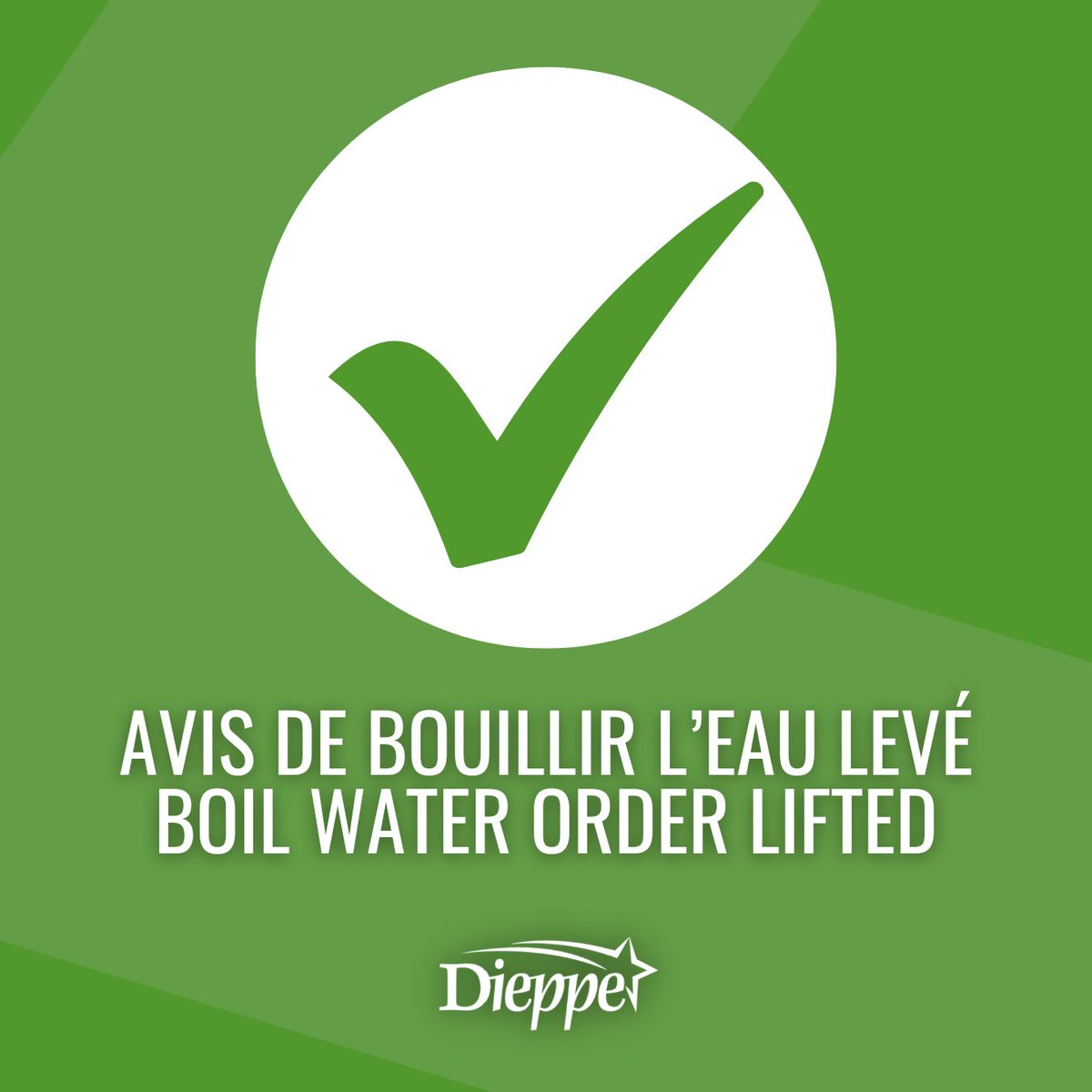 L’avis de bouillir l’eau émis le 14 février 2024 est maintenant levé. Voici les mesures à prendre après la levée d’un avis de bouillir l’eau: dieppe.cc/3uTljM4