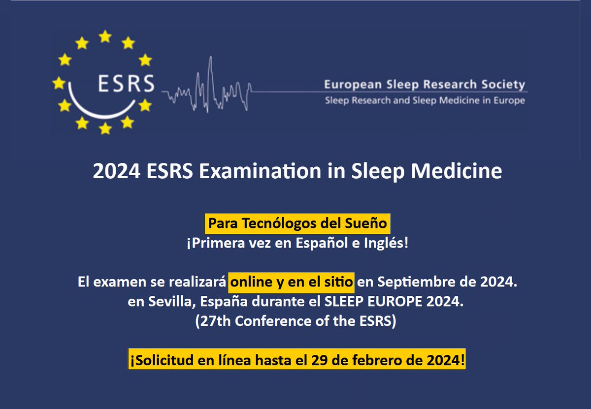 ESRS_Sleep's tweet image. ⚠️ALERTA DE PLAZO: Quedan solo unos días para enviar tu solicitud para el Examen de Medicina del Sueño 2024 de #ESRS para Tecnólogos del Sueño. Este examen se puede realizar en línea o presencialmente (Sevilla, España) en inglés o español.
🔗 esrs.eu/sleep-medicine…