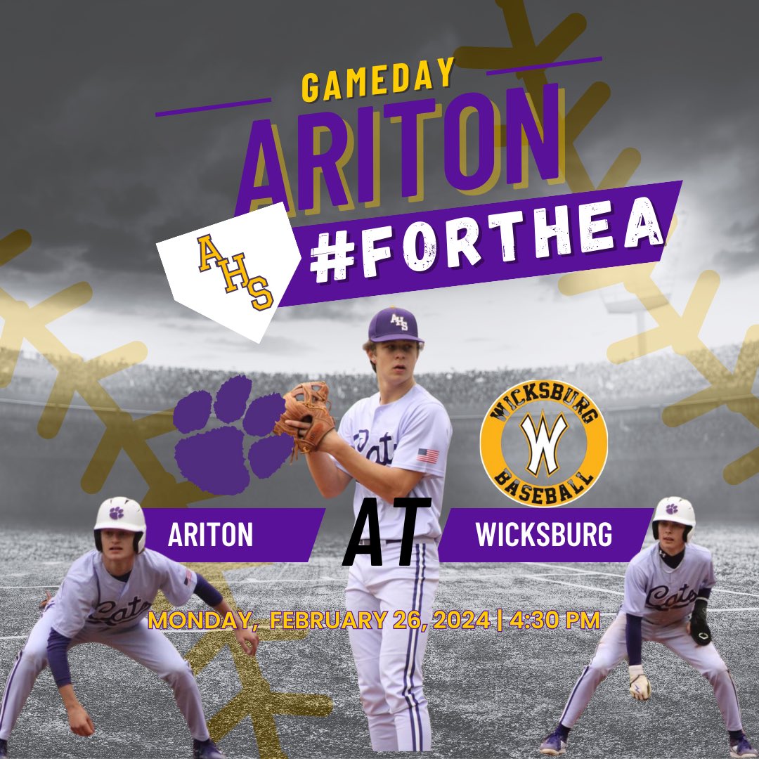 GAMEDAY!!! The Cats begin this week by traveling to Wicksburg to take on the Panthers at 4:30!! Grab your purple and meet us at Wicksburg to watch some Purple Cat Baseball!!! #ForTheA #HardWorkPaysOff