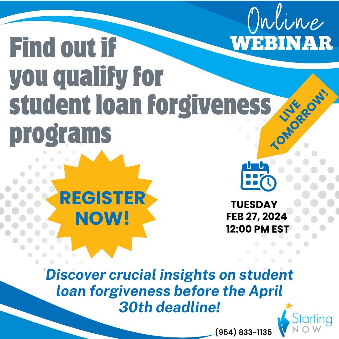 📣 Live Tomorrow! 🎉 Register now and join us for an essential conversation on federal student loan repayment! 
📅 Date: February 27, 2024
⏰ Time: 12:00 pm EST
🔗 zurl.co/WYRV 
#StudentLoanRepayment #DebtManagement #FederalStudentLoans #LoanForgiveness #StudentDebt