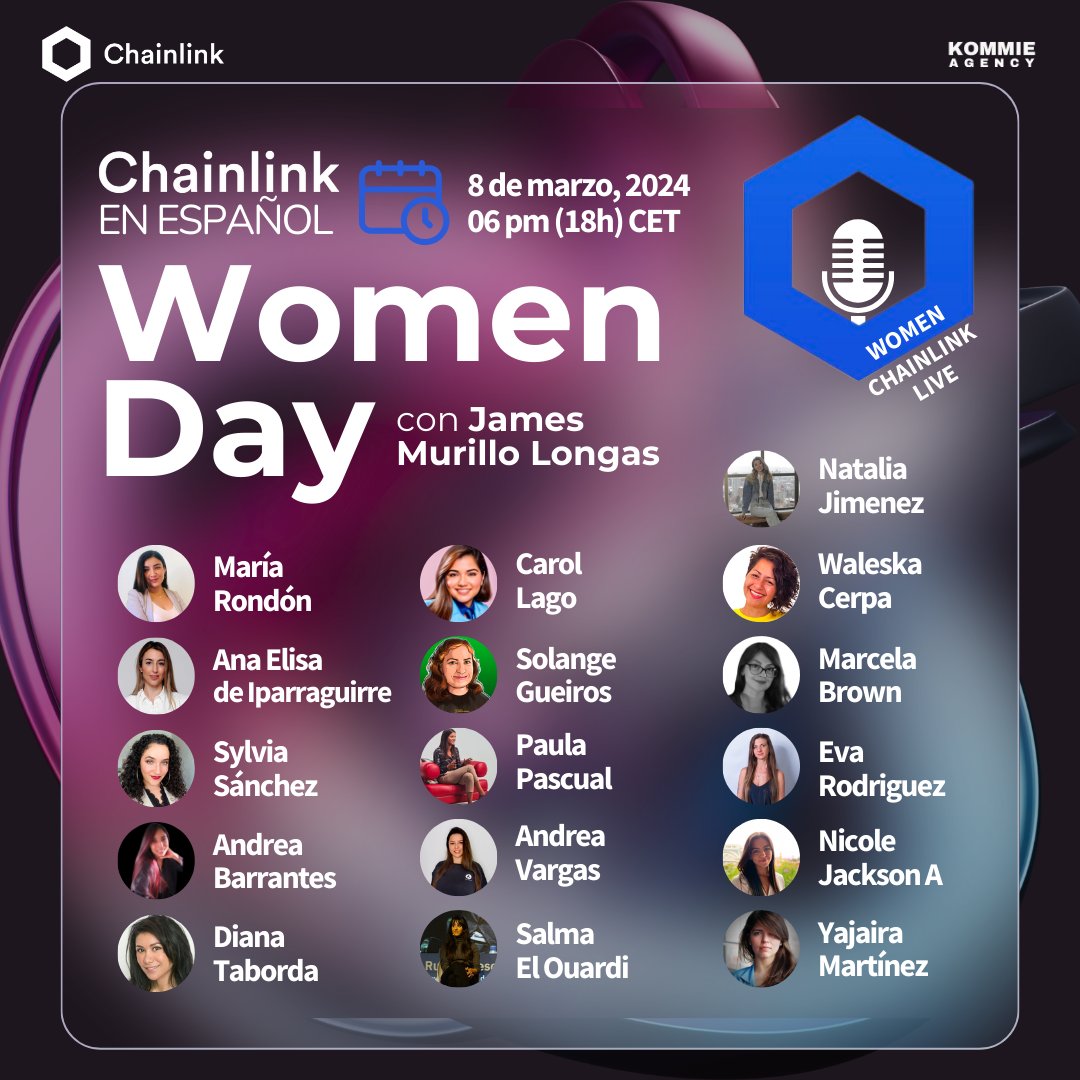 Celebramos el rol femenino en web3 con #Chainlink en Español este 8 de Marzo #DíaDeLaMujer.

Únete a nosotros: lu.ma/2ofqyrnb 🌐💪🏼 #MujeresEnTech