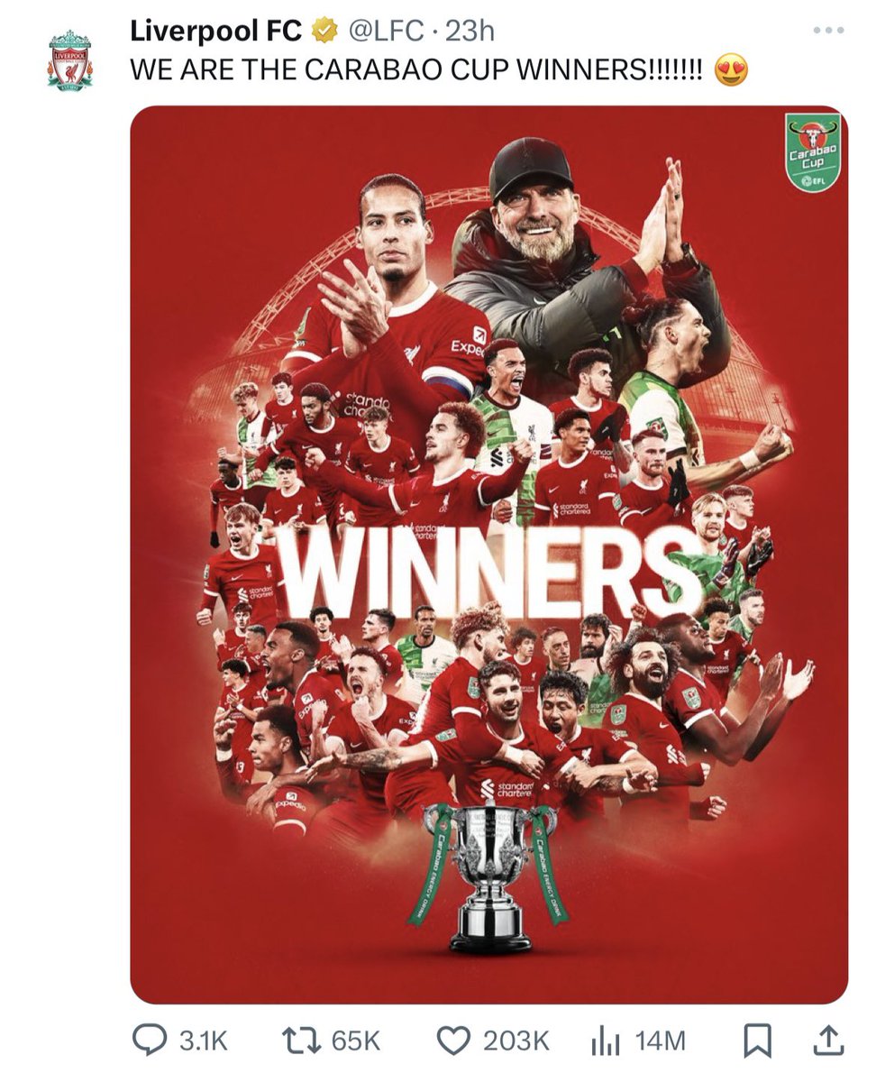 Man City’s treble winning tweet:
4.4M views
137k likes

Liverpool’s Carabao cup winning tweet:
14M views
203k likes 
(And counting)

🫣👀