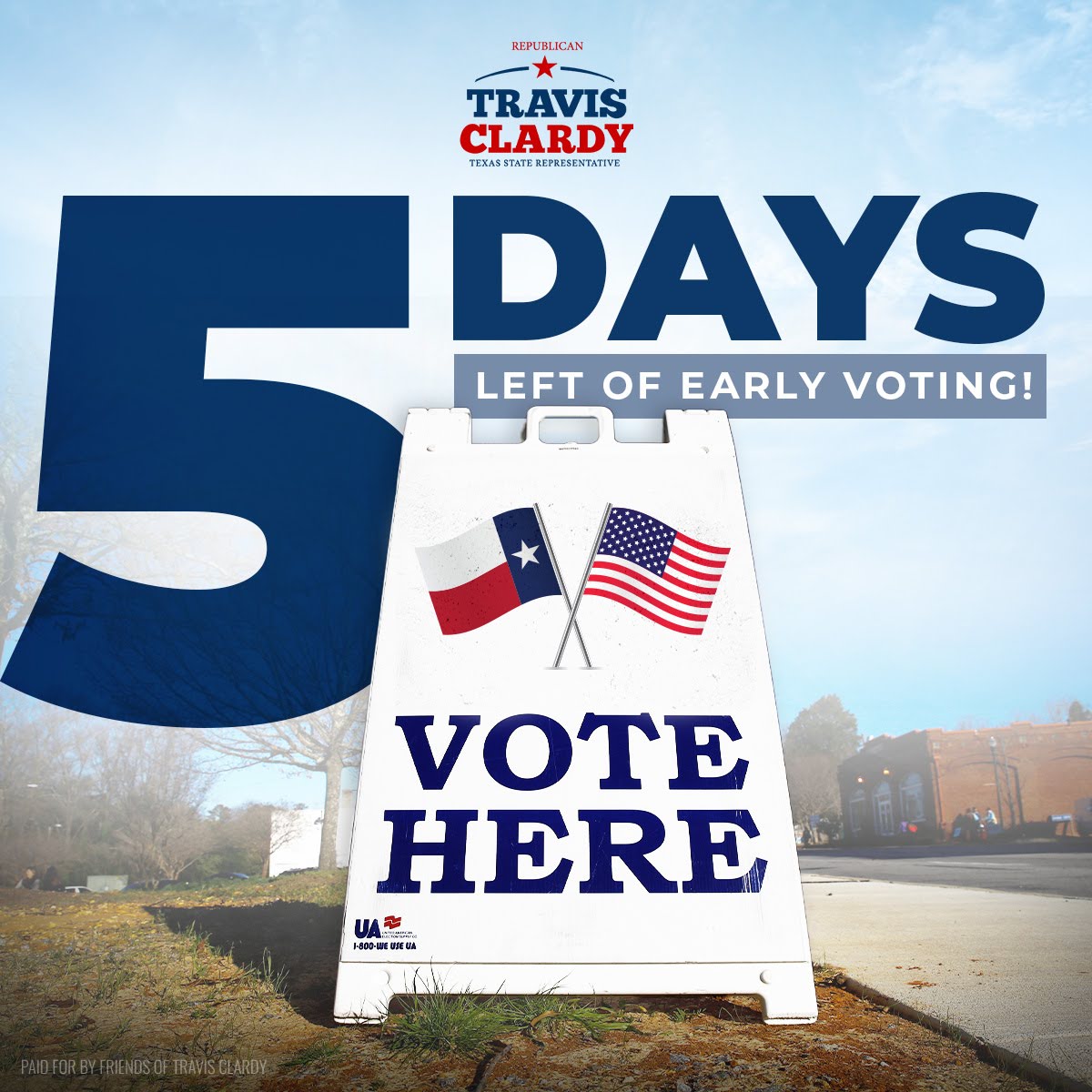 Only 5 days left to make your voice count! Early voting is underway, let's stand with Travis Clardy to secure our borders, lower taxes, and resist the radical left agenda. #StandWithTravis #EarlyVoting