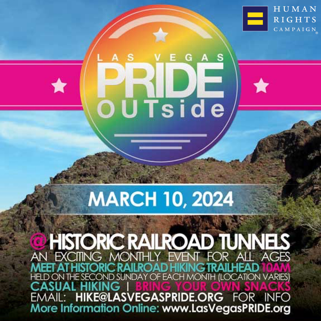 We are proud to support and partner with @PrideLasVegas for PRIDE OUTside, a monthly hike in the great outdoors. The Mar10 hike is at Historic Railroad Tunnels. lasvegaspride.org/event/las-vega… #HRC #HRCLasVegas #LGBTQ #LGBTQIA #Pride #Equality