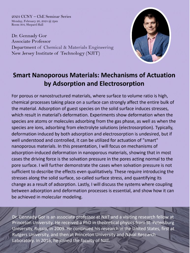 Today's CCNY ChE Seminar speaker--Gennady Gor: