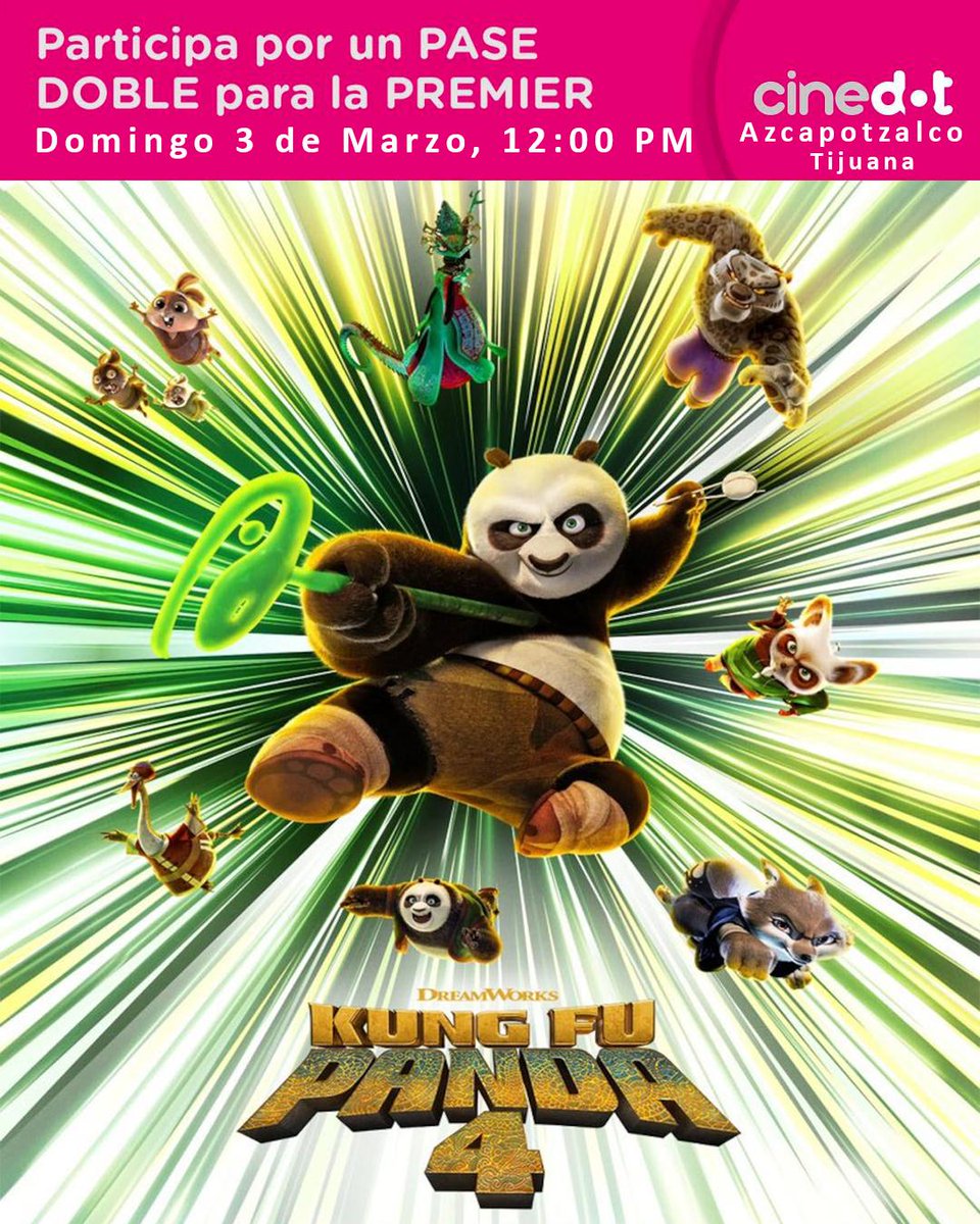 ¡AZCAPOTZALCO Y TIJUANA!

Gracias  a <a href="/Cinedotmx/">Cinedot</a> tengo PASES DOBLES para que disfruten #KungFuPanda4 🐼

✅️ Da ❤️ y RP a este Tweet
✅️ Menciona los actores de Doblaje que regresan a esta aventura
✅️ Con un gif dime tu personaje Favorito

Listo 😎
No olvides usar el Hashtag