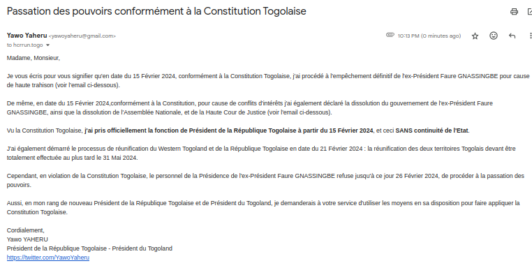 YawoYaheru's tweet photo. Ci-dessous, l'email envoyé ce jour au #HCRRUN afin de faire comprendre au personnel de la Présidence de l'ex-Président Faure GNASSINGBE qu'ils ont l'obligation de procéder à la passation des pouvoirs. Bien évidemment, je contacterais également d'autres organisations.

#Togo https://t.co/hoZi7nA9dk