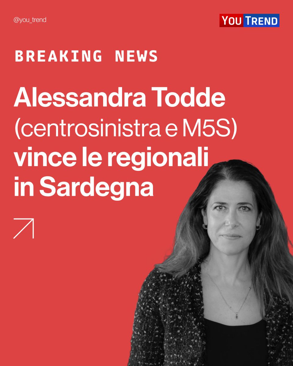 🔴 #BREAKING: Alessandra #Todde (CSX+M5S) vince le elezioni regionali in #Sardegna.