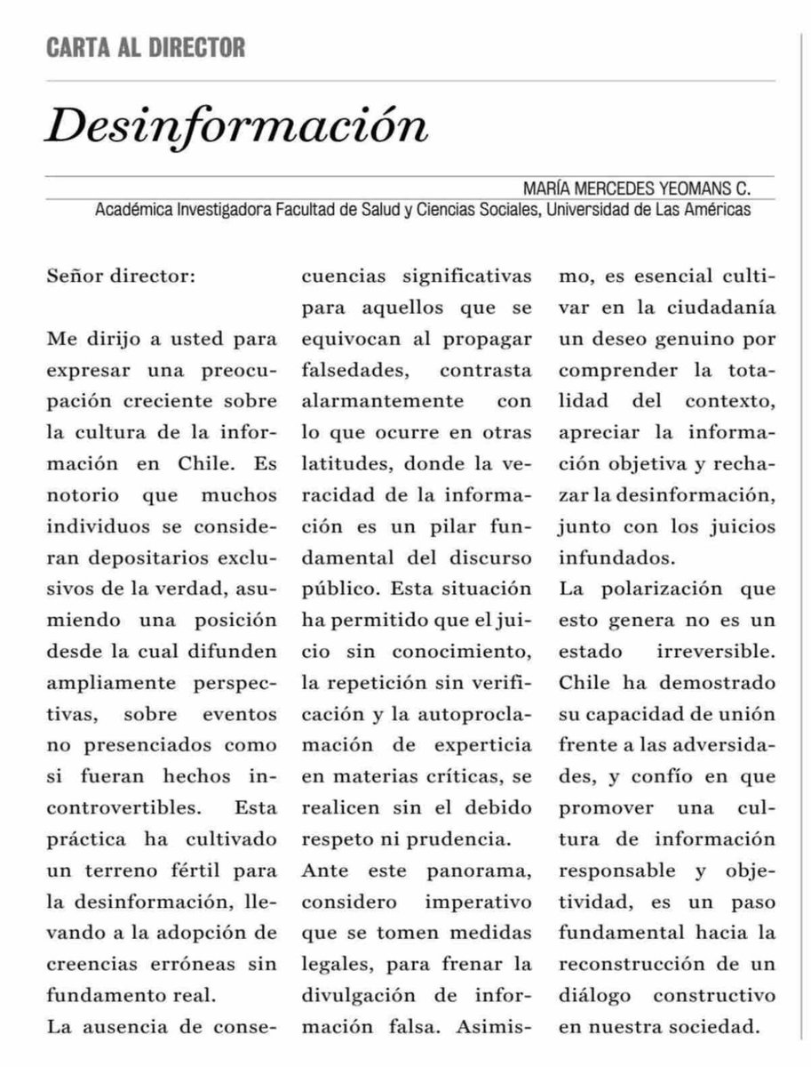 Académica de la Facultad de @saludsocialesudla se refiere a la #polarización y la #cultura de #información en @laprensacurico Leer más ➡ lnkd.in/en6WJKRc

<a href="/Udla_cl/">UDLAChile</a> #UDLA #desinformación #chile #difusión #responsabilidad #falsedades #FakeNews  #prudencia  #objetividad