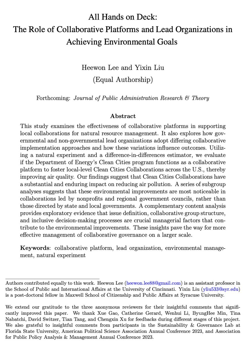 I am delighted to announce that the paper by <a href="/Heewon__Lee/">Heewon Lee</a> and me has been accepted for publication at <a href="/jpart_journal/">JPART</a> ! We combined 2stage-DiD and content analysis to investigate the DOE's Clean Cities collaborative platform and its impact on air quality (1/n).