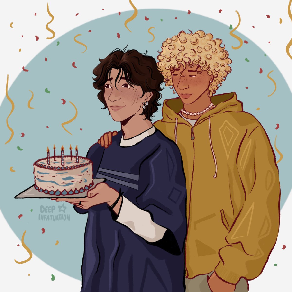 i never posted this for my birthday last weekend, but here is solangelo celebrating with me (cause i'm self indulgent) 🎊

#solangelo #pjo #fanart #nicodiangelo #willsolace