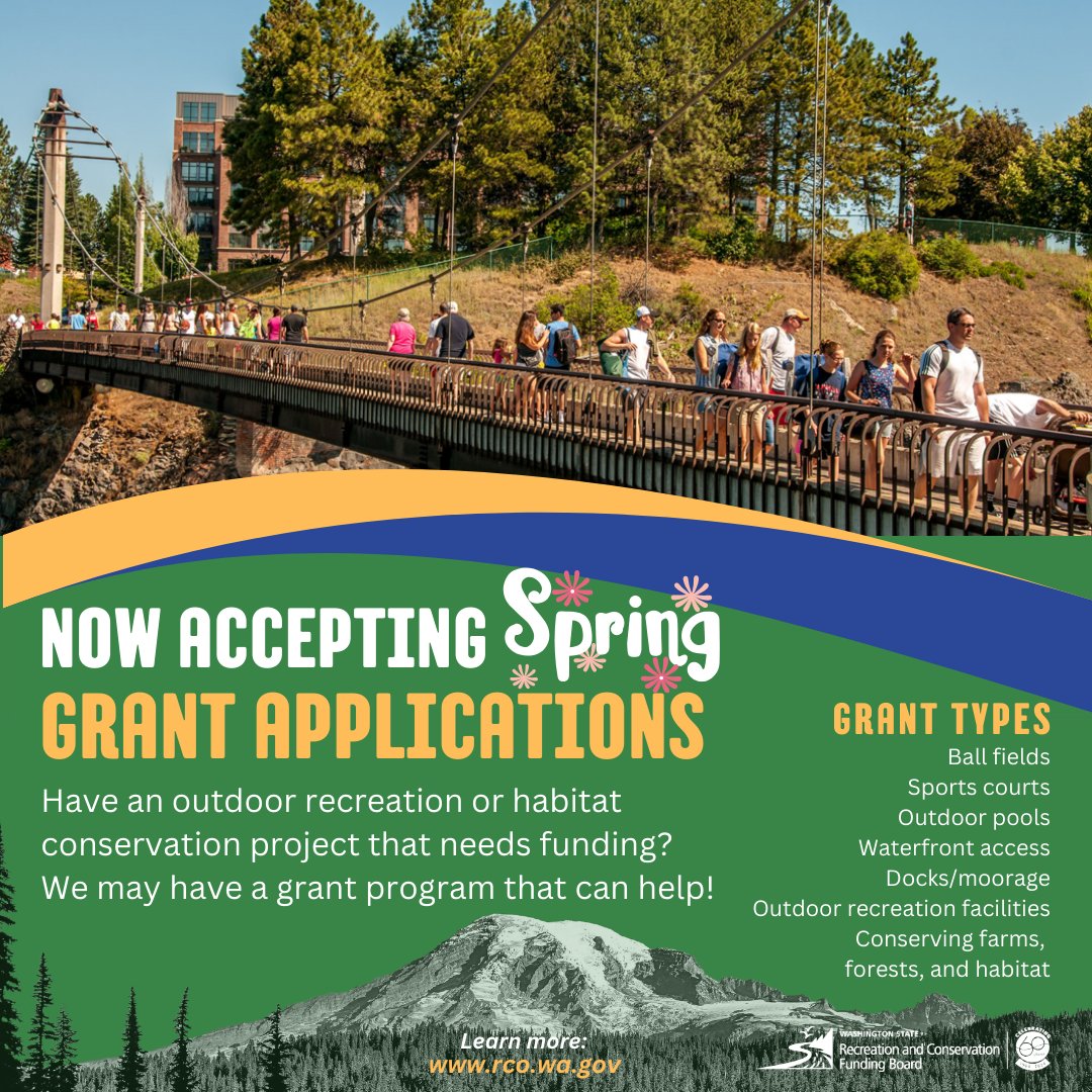 ⏰If you’re applying for an LWCF, WWRP Habitat, or WWRP Recreation grant, it requires a comprehensive plan to be submitted by March 1. 

Questions? Contact us here, speak to your grants manager, or email Nick Norton at Nicholas.norton@rco.wa.gov