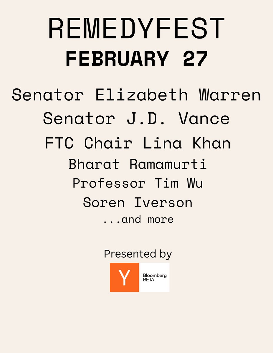 🚀Join us TOMORROW 9:30AM-4PM ET for #RemedyFest, cohosted by YC & Bloomberg Beta. Uniting policymakers & tech experts amid major regulatory shifts: youtube.com/@RemedyFest ft @JDVance1, @ewarren, @linakhanFTC, @superwuster, @BharatRamamurti, @karaafrederick, @soren_iverson