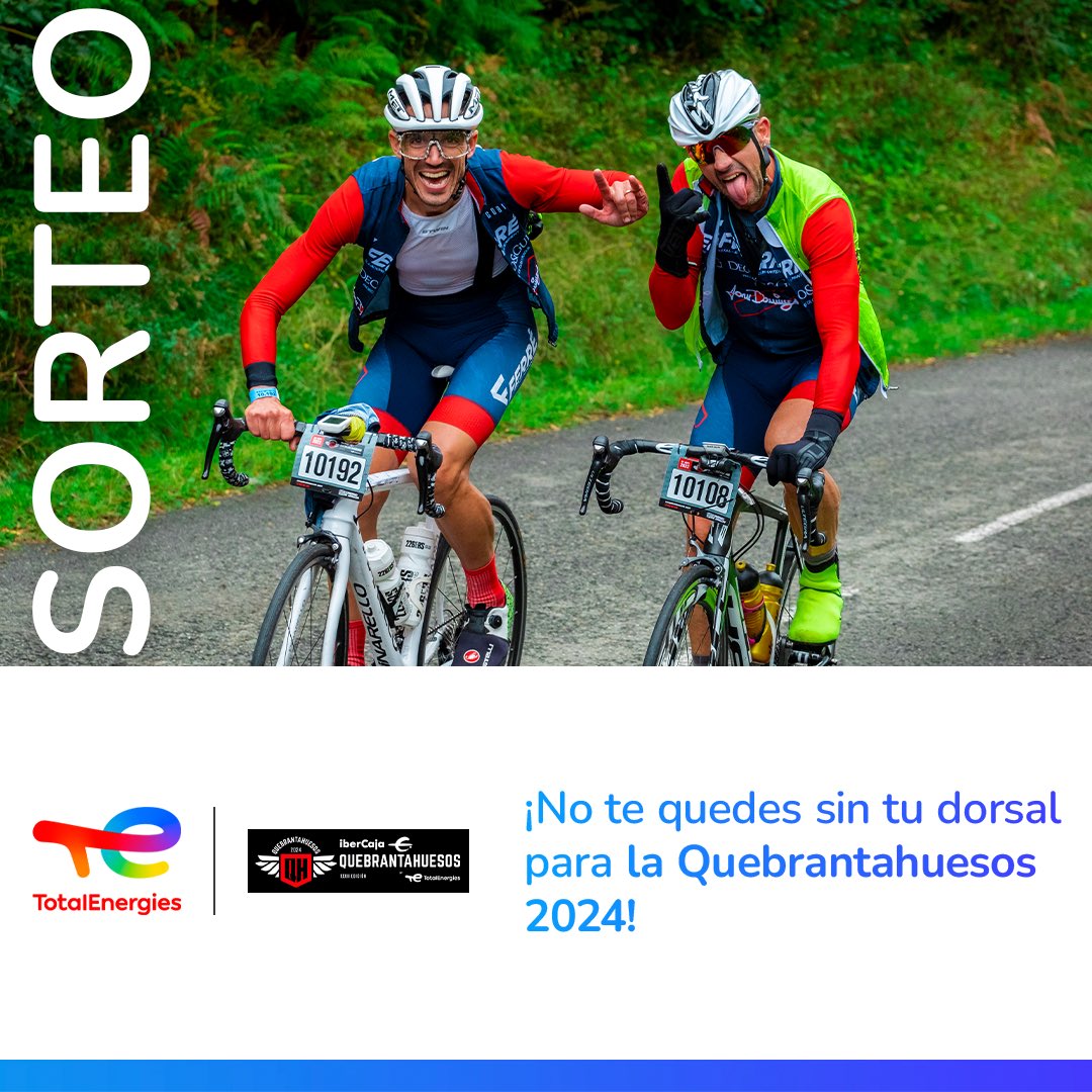 ¡Entra en el sorteo de 10 dorsales dobles para la Quebrantahuesos 2024 y no te quedes sin vivir un desafío como este! Inscríbete a través del link de la bio y comienza a entrenar para tu próximo gran reto 🚴‍♂️​ cloud.info.totalenergies.es/sorteamosdorsa… #QH2024