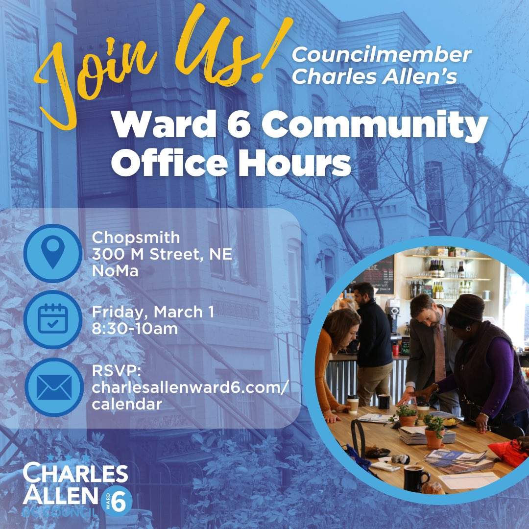 Join @charlesallen this Friday morning for community office hours in NoMa. We will be at Chopsmith (300 M Street NE) from 830 am to 10 am. charlesallenward6.com/noma_office_ho…