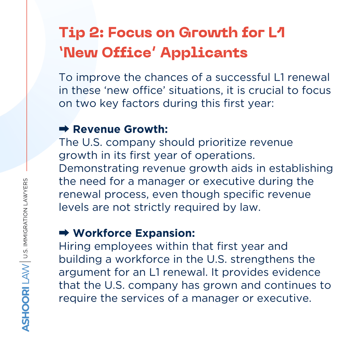 We hope you find these insights valuable. As always, thank you for trusting us with your immigration journey. 

#ashoorilaw #L1Visa  #USVisa #WorkVisa #Immigration #BusinessTravel #Expatriate #GlobalMobility #VisaProcess