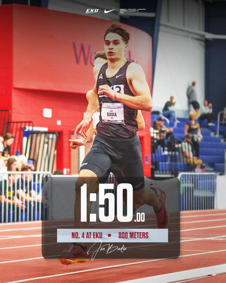 EKU_XCTF's tweet photo. Jan is on the record book!

@JanBadia1 posted an indoor-best 800-meter time of 1:50.00 to earn a bronze medal at the ASUN Indoor Championships on Saturday! His time is the fourth-best in school history! 🔥

#GoBigE https://t.co/XZsfWcaANg