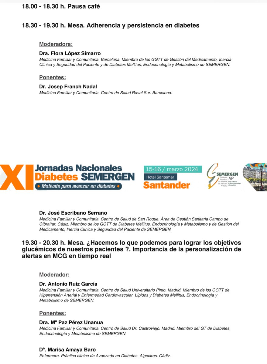 #DMSEMERGEN24 tras🪫🔋 
🗓️15 de marzo

1️⃣Cronobiología y crononutrición <a href="/fcbzafra/">Fco Carramiñana Barrera</a> <a href="/anaolivaresloro/">Ana Olivares</a>

2️⃣Eje  CRM <a href="/Ezequie75156572/">Ezequiel Arranz</a> <a href="/carlos_teixi/">Carlos Hdez Teixidó</a> <a href="/Sonia_MJ/">Sònia Miravet</a> 

3️⃣Adherencia <a href="/flopezsim/">Flora López Simarro</a> <a href="/jescribano19/">Pepe Escribano</a> 

4️⃣Monitorización <a href="/AntonioRuiz001/">Antonio Ruiz García</a>  <a href="/mpazperezunanua/">Mª Paz Perez Unanua</a> 

x.com/SemergenGTDM/s…