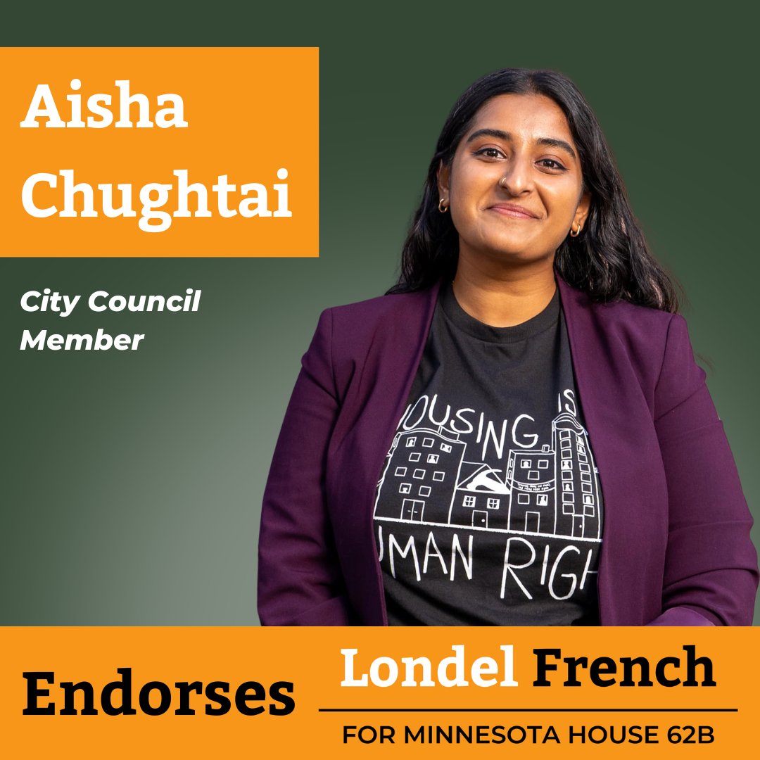 Thank you @aishaforward10 for your endorsement! I'm looking forward to being a strong partner for the Minneapolis City Council on a 'Housing First' approach to encampments, keeping renters in their homes and funding quality transit for all our residents.