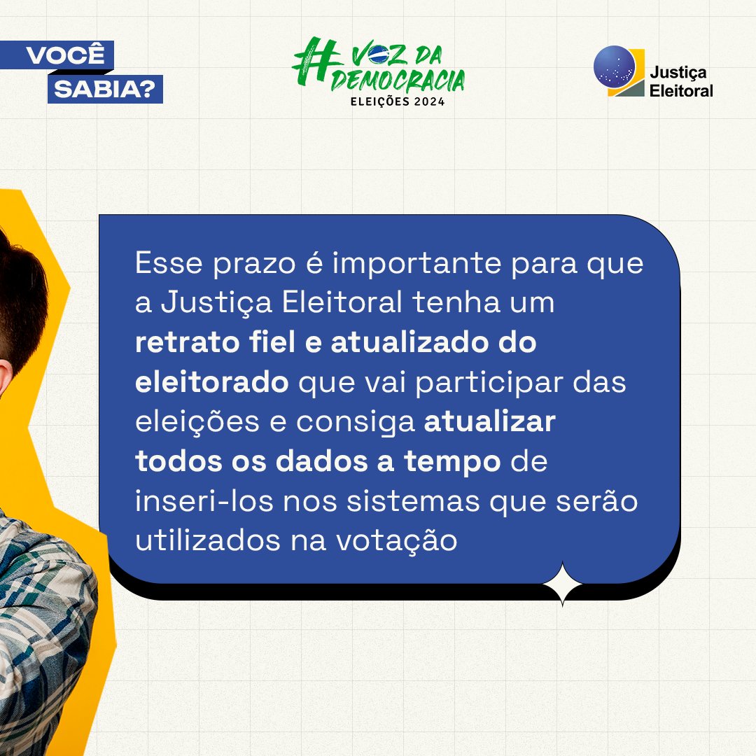 Este ano, o prazo final para emitir, regularizar, transferir ou alterar o título de eleitor é 8 de maio 🗓️ No dia seguinte, o cadastro eleitoral será fechado. Não fique de fora das #Eleições2024 e resolva a sua situação agora: bit.ly/Autoatendiment…
