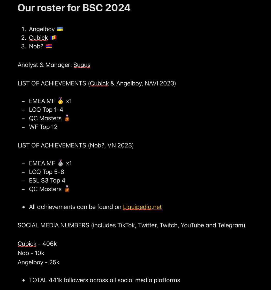 Hello, we are still F/A for the upcoming BSC season and looking for offers. For more details you can contact me by email:

angelboydiff@gmail.com or discord angelboy6560.

Likes &amp; Retweets are appreciated ❤️

We will be named Team Ogurchiki until we get signed.