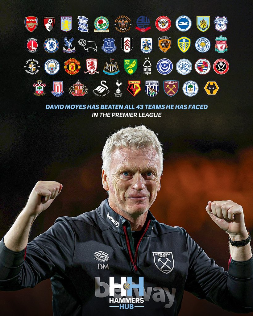 ⚽ 43 teams faced
✅ 43 teams beaten

David Moyes has beaten all 43 teams he has faced in the Premier League 👏