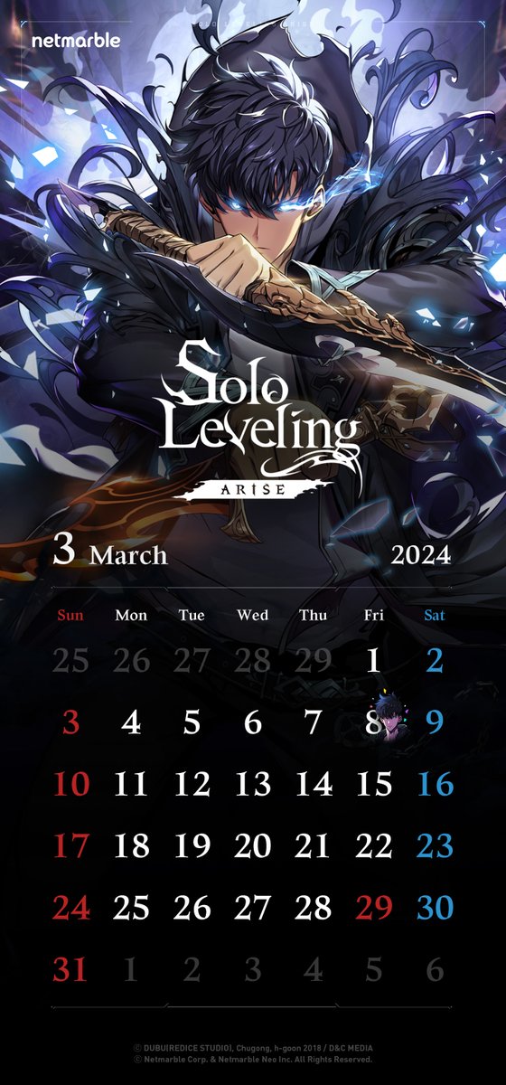Sololv_ARISE_GL's tweet photo. ⊹˚.⋆ #SoloLevelingCalendar ⁺⊹˚.⋆

2024 March Calendar Reveal! 📆
2024 Spring, Solo Leveing:Arise
will come to the Hunters!

#sololevelingARISE #sololeveling #onlyIlevelup #netmarble https://t.co/A7pFrLjLyB