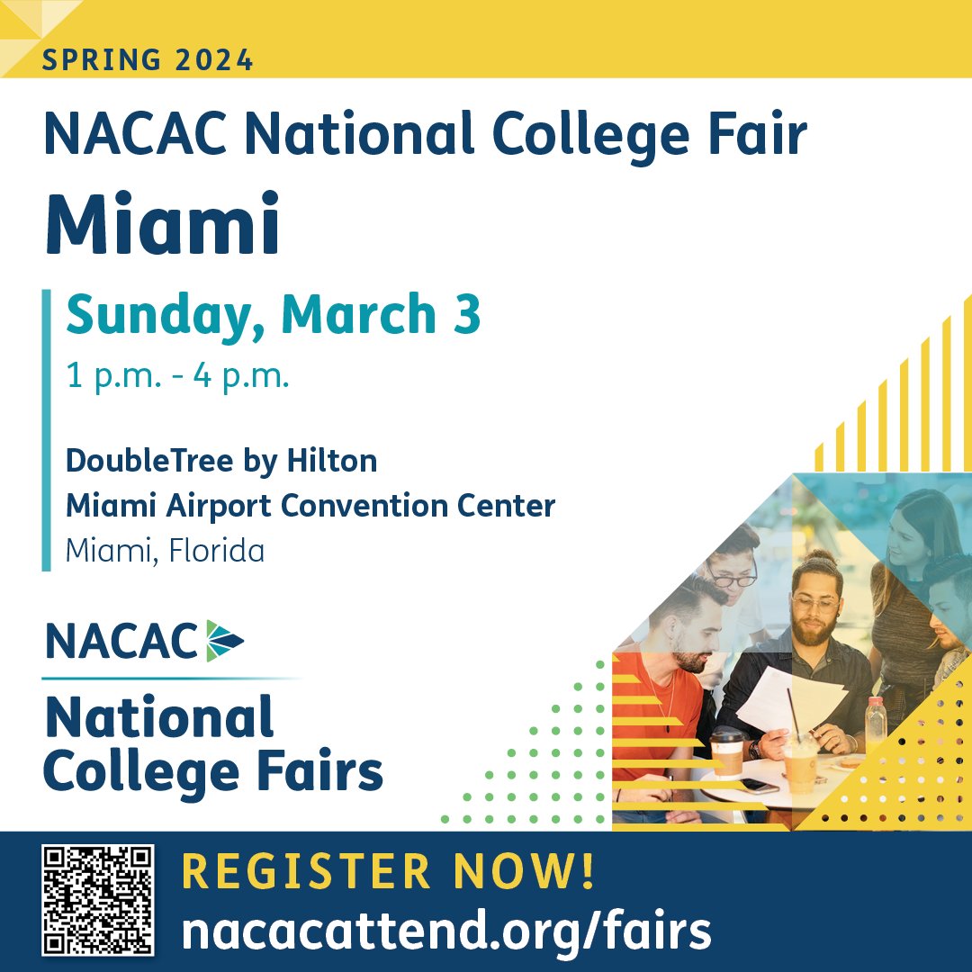 NACAC’s next in-Person National College Fair of 2024 will be held in Miami, FL on March 3 from 1 pm to 4 pm. ow.ly/XEFQ50QGNJZ At this event, students can connect in person with admission representatives from across the country and around the world.