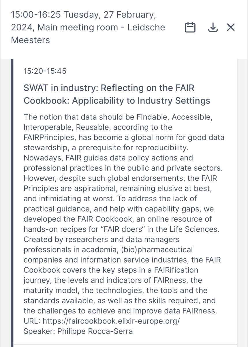 Our @Phil_at_OeRC is at #swat4ls to present tomorrow the @ELIXIREurope #FAIRcookbook from an industry prospective. Also great to see community work progresses around the widely adopted @isatools with mapping to #DCAT and #FHIR standard models 😜 #omics #interoperability #FAIRdata