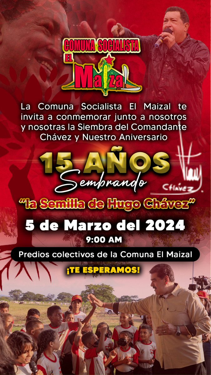 Son 15 años celebrando victorias colectivas y te invitamos este 5 de Marzo a celebrar nuestro aniversario y también la siembra de nuestro comandante Hugo Chávez. Desde las 9am estaremos realizando diversas actividades junto al pueblo. @NicolasMaduro @Union_Comunera @jaarreaza