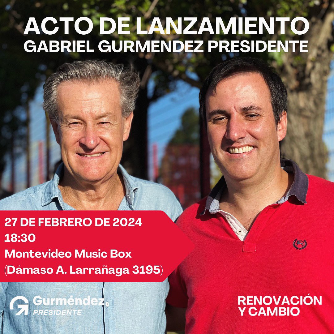 Lanzamiento oficial Gurméndez Presidente!
Mañana martes 27/2
18:30 hs
Montevideo Music Box
Dámaso Antonio Larrañaga 3195

Vamos en serio! 
Te esperamos!