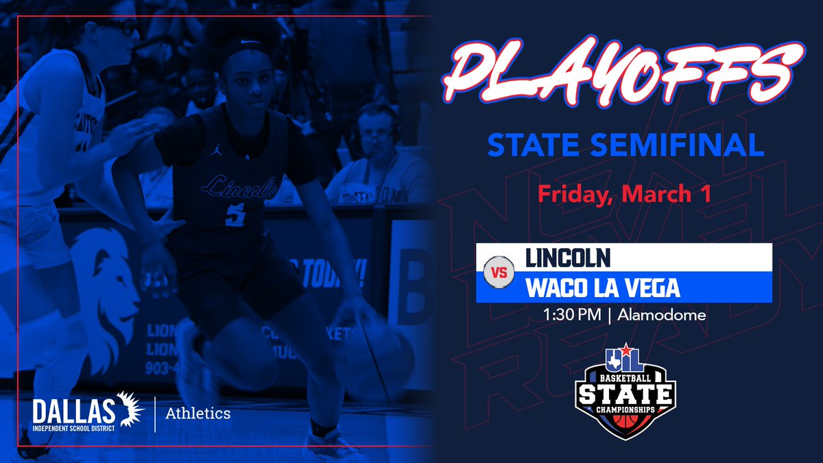 Lincoln girls' basketball will face Waco La Vega Friday at 1:30 PM in the UIL 4A state semifinals. 🎟 bit.ly/42RT64Q Select session; enter promo code: 1HOME Click APPLY; enter number of seats; click anywhere in the GA seating area; click ADD TO CART & check out.