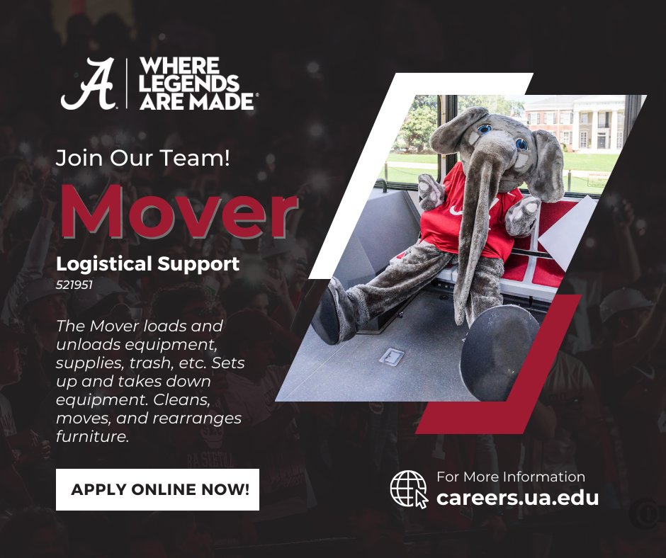 The Mover loads and unloads equipment, supplies, trash, etc. Sets up and takes down equipment.

For more information and to apply:
bit.ly/UAJobs521951

#UAJobs #rolltide #UA #NowHiring #Work4UA #jobs4vets