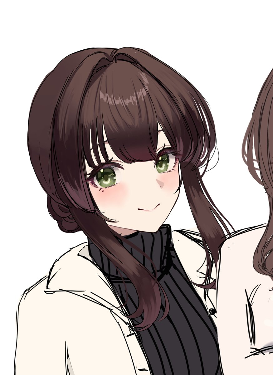 black sweater sweater brown hair green eyes smile white background solo focus  illustration images