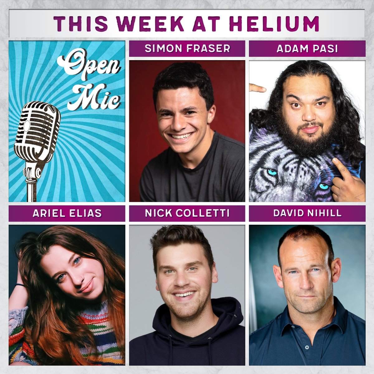 This Week at Helium | Open Mic night, Simon Fraser, Adam Pasi, @Ariel_Comedy, @Nick_Colletti, + @davidnihill headlines this weekend! Get your tickets here: bit.ly/2Cw2wci