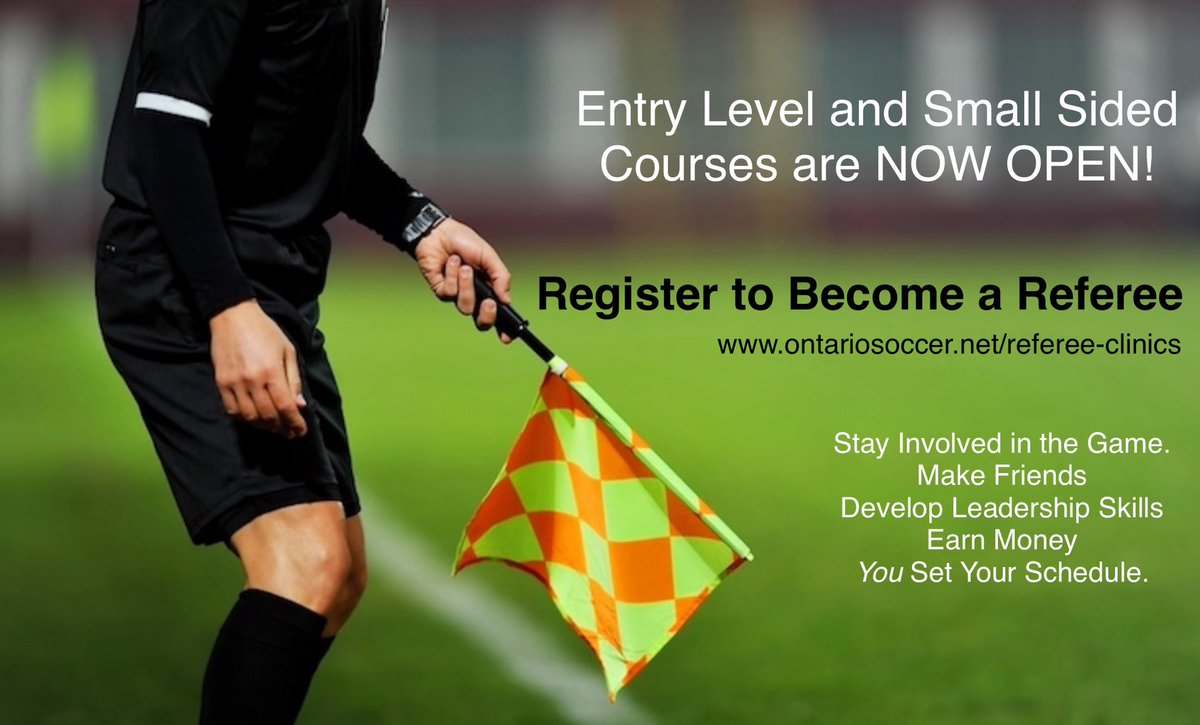 Referee courses are now open! 

Join the beautiful game as a Match Official, and register today for Small Sided (7v7) if you are 12+ years old, or Entry Level (9v9, 11v11) if you are 14+. Visit ontariosoccer.net/referee-clinics #SayYesToRef