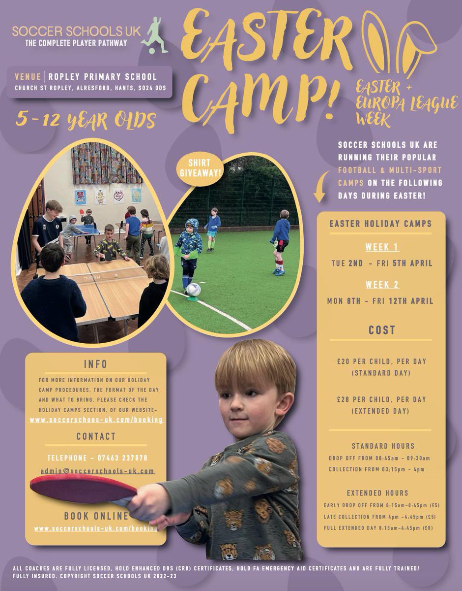 🐰🍫We are pleased to announce that bookings for our Easter Holiday Camps, are now open! 🍫🐰

Where our popular Football and Multi-Sports Camps, will be running! With LOTS of Easter Prizes to be won! 👀⚽️

📧 admin@soccerschools-uk.com
💻 soccerschools-uk.com/booking 
📞 07463 237878