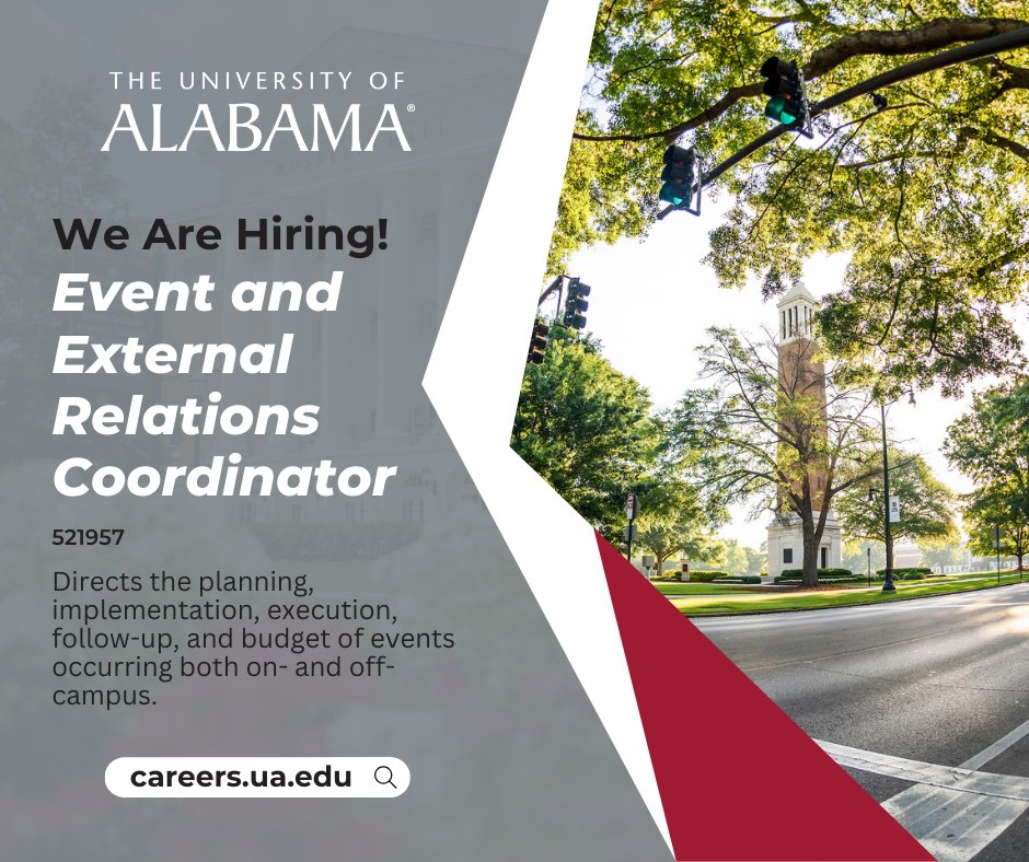 The Event Coordinator oversees the implementation, execution, and follow-up for events hosted on- and off-campus.

For more information and to apply:
bit.ly/49N0mBw

#UAJobs #rolltide #UA #NowHiring #Work4UA #jobs4vets