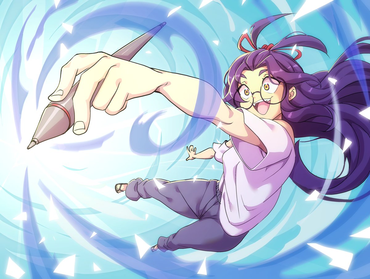 1girl solo long hair glasses purple hair pants open mouth  illustration images