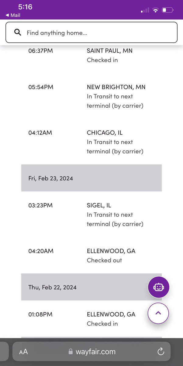 This is wild. Ordered on @Wayfair last Thurs 2/22 with original delivery date of 2/24. Now it’s gonna be 2/28. Why? Instead of shipping from GA to FL we have GA -> IL -> MN -> who knows what’s next. 😵‍💫