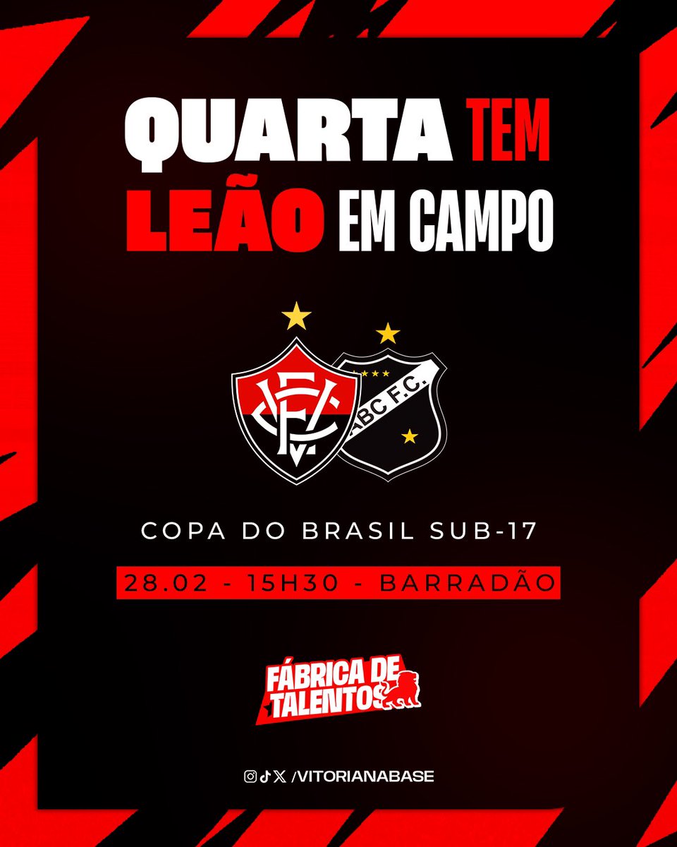 vitorianabase's tweet photo. ESSA SEMANA TEM LEÃO! ✅🔴⚫️

Nesta quarta-feira (28) o sub-17 entra em campo contra o ABC pela Copa do Brasil, às 15h30, no Barradão. Convocamos toda torcida Rubro-negra e o acesso contará com 1kg de alimento não perecível.

PRA CIMA! 🦁

#FábricaDeTalentos #PegaLeão https://t.co/PtOfnsaQze