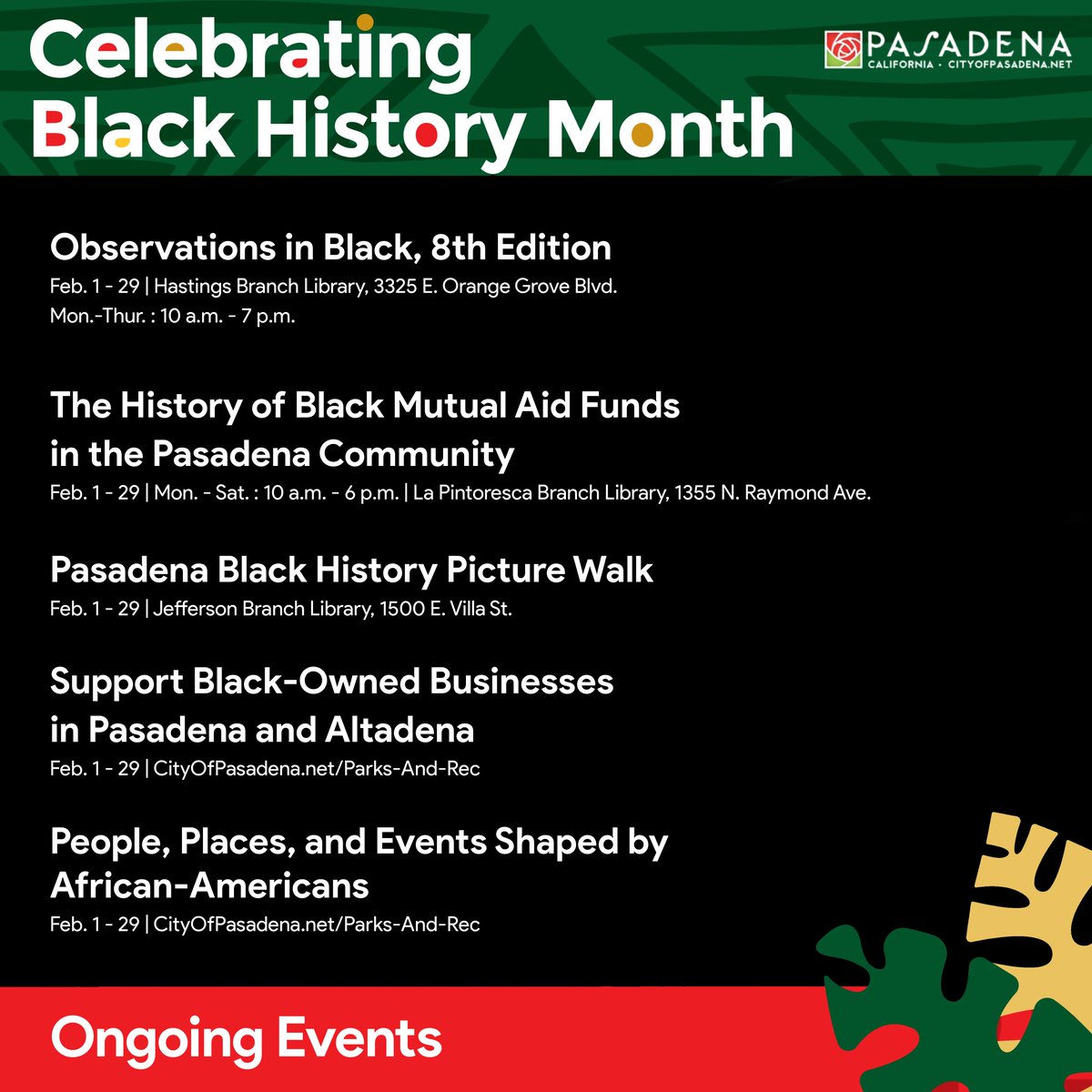 Celebrate Black History Month with the City of Pasadena! Check out these events and activities happening this week. For the complete list, please visit Bit.ly/PasadenaBlackH…