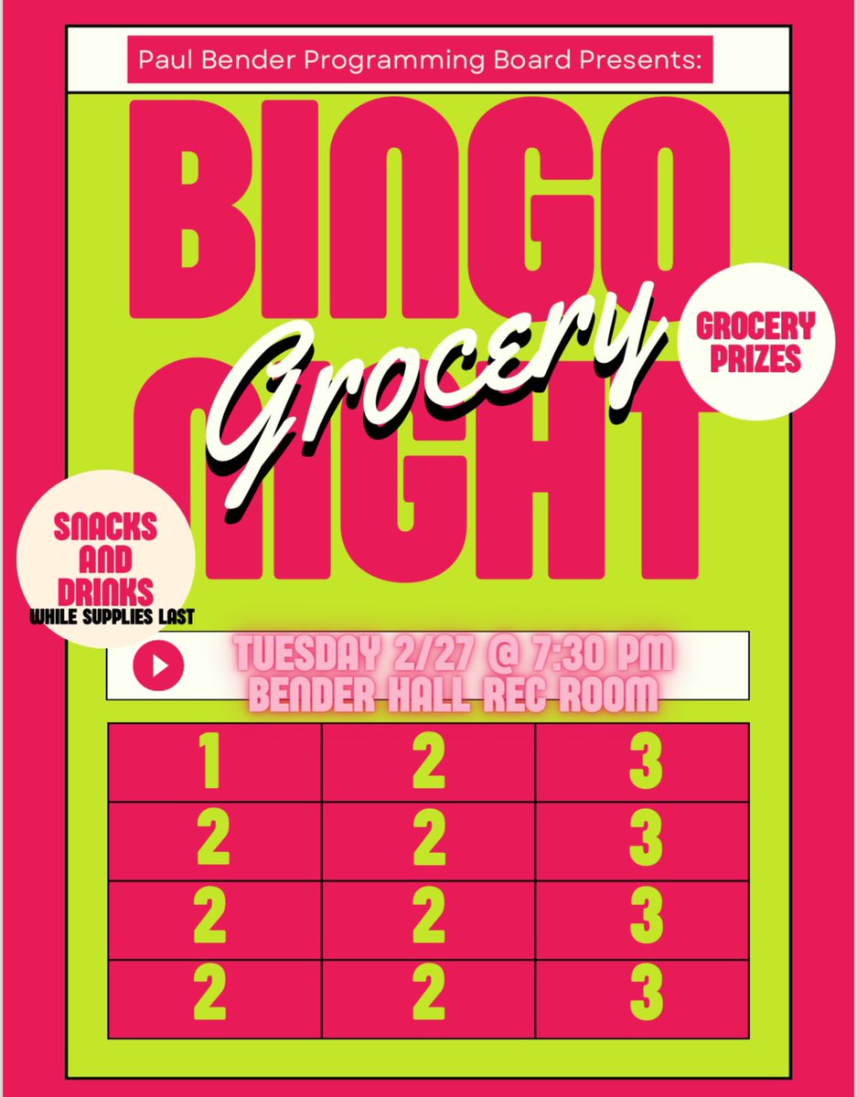 BenderHall's tweet photo. Bringing the bingo buzz to Bender Hall with grocery goodies galore! https://t.co/mowCNZ0s39