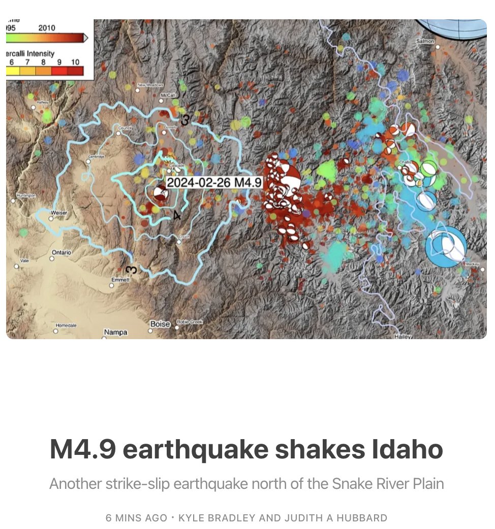 A M4.9 earthquake shook Idaho today, with >1600 felt reports. This is earthquake country: the M6.5 Stanley earthquake struck to the east in 2020. Still, today's quake is unusually large for the region. What fault slipped, and why? Read our blog to find out - link in my bio.