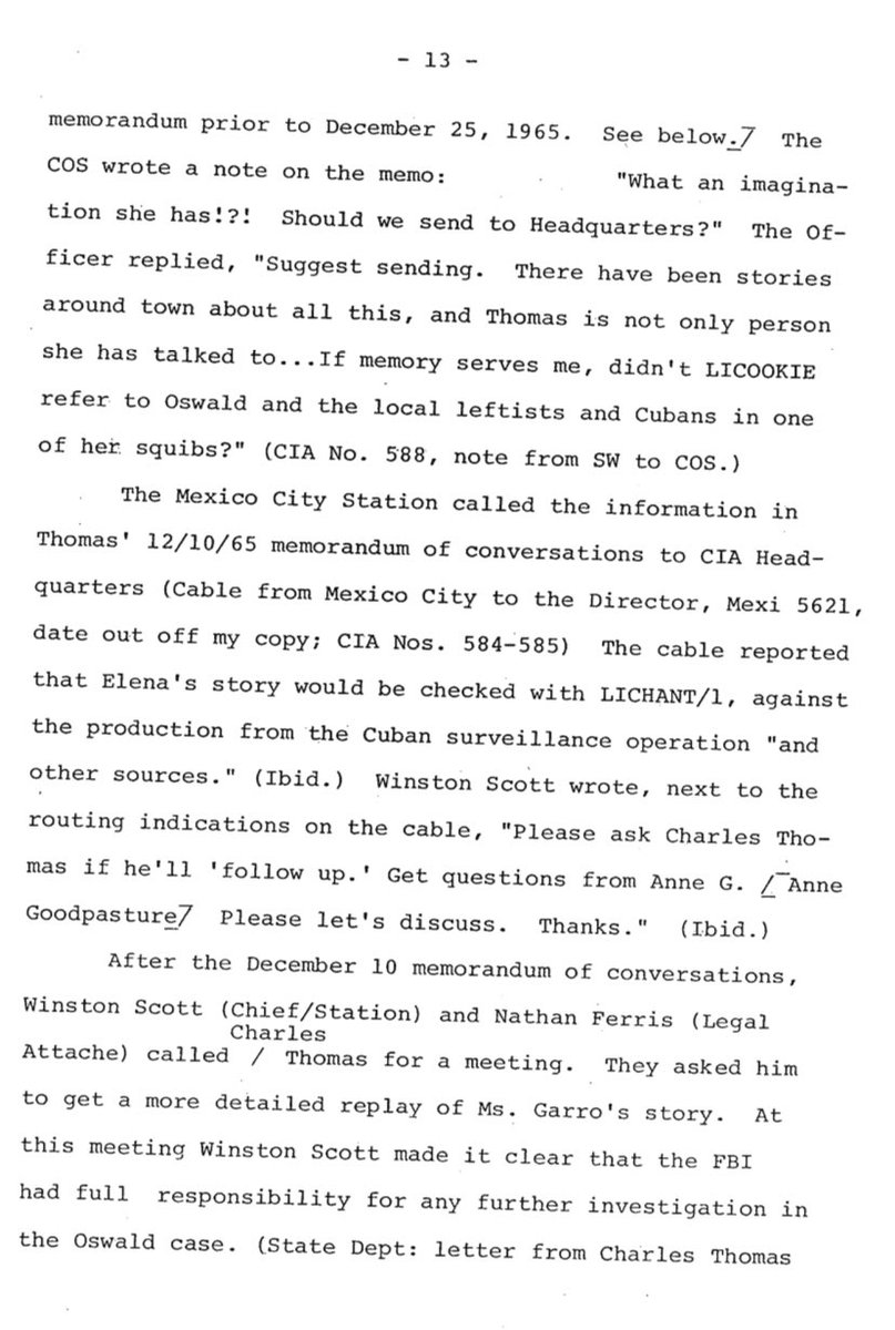 Incredibly important document from the #HSCA attempting to take apart the multiple, conflicting stories on #LeeHarveyOswald’s alleged time in #MexicoCity. Here the focus is on the late #CharlesThomas of the U.S. Embassy in Mexico City.  He met #ElenaGarro and heard about Oswald’s