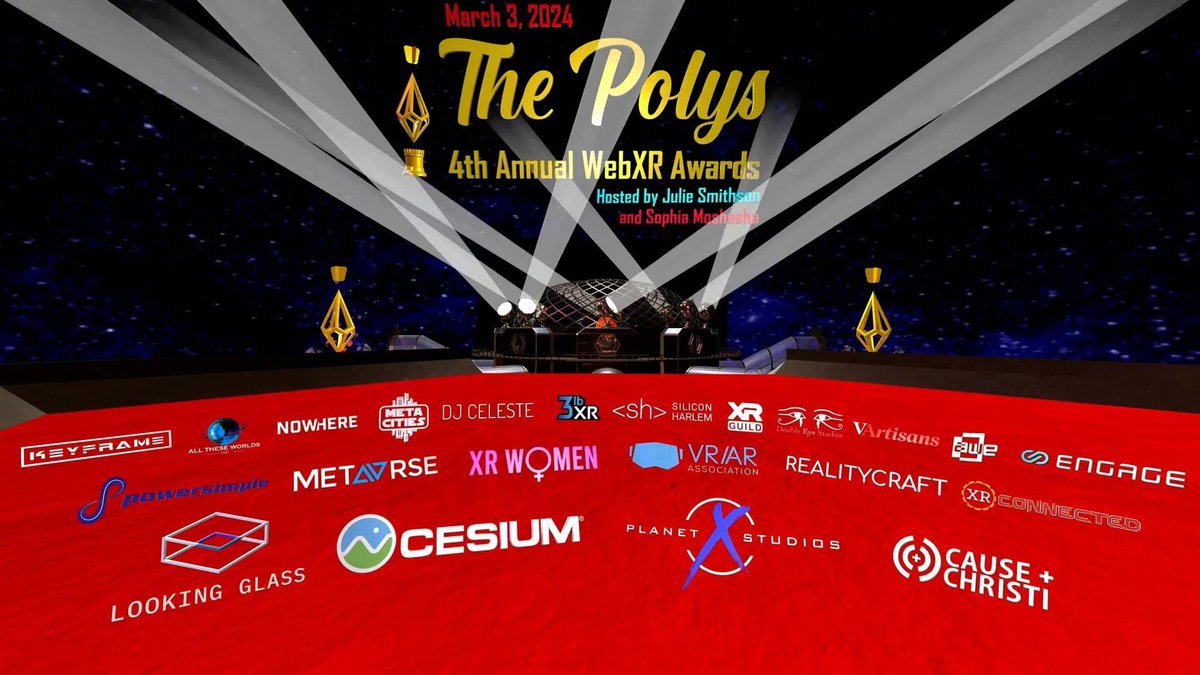 Save the Date: Join MetaCities at the Official Watch Party for The Polys - WebXR Awards in Engage on Sunday, March 3, starting at 5pm EST LIVE from Planet X Studios. Virtual Event doors open at 4:30pm EST with beats by DJ Celeste Lear.  #ThePolyAwards #MetaCities #WatchParty