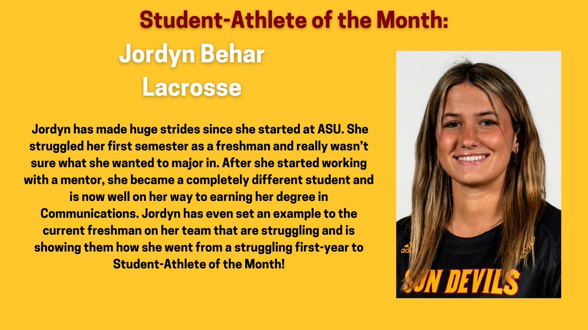 The next student-athlete we are highlighting is our Most Improved Female Student-Athlete of the Month, Jordyn Behar from @SunDevilWLax! Congrats on this recognition, you deserve it. Keep up the good work! @TheSunDevils #O2V!