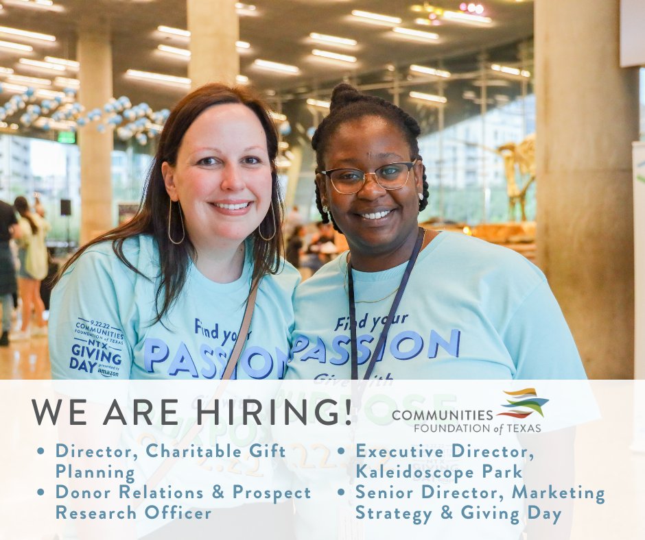 Communities Foundation of Texas is hiring, and you're invited to join our growing team of experts! View career opportunities or help us find our next new colleague. Job descriptions and applications can be found at: bit.ly/CFTRecruitment