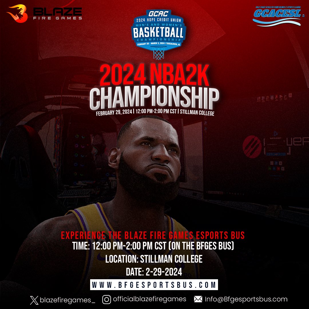 HBCUAC's tweet photo. 🔥🎮 GCACESL is bringing the heat with the Blaze Fire Games Esports Bus, making a stop at the GCAC men's and women's basketball championship tournament! 🏀🔥
 
And that's not all - we're also hosting an NBA 2K tournament that's open to everyone! 🎉💥 https://t.co/4UAdEGIvjl
