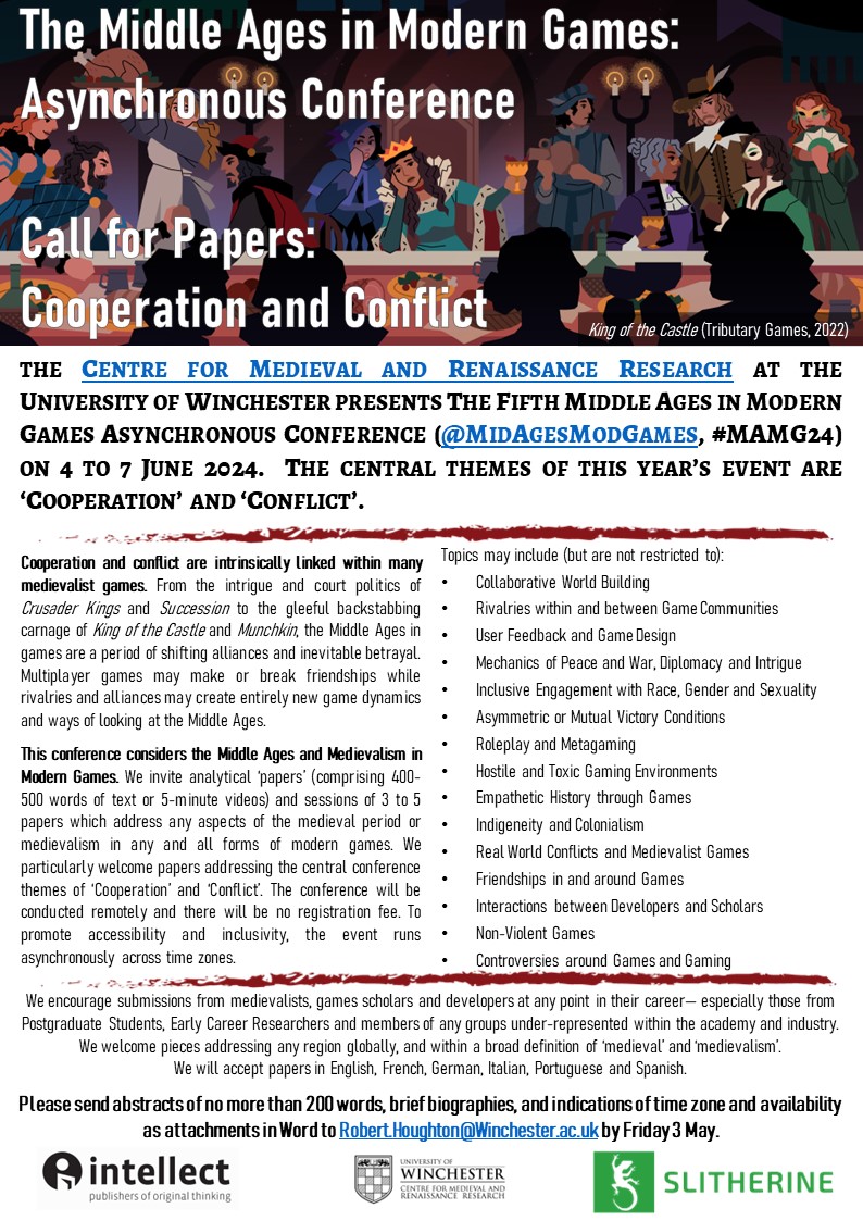 We're back! The Call for Papers for the Middle Ages in Modern Games conference is now open. Come and join us in June to talk about Cooperation, Conflict, or anything else relating to the Middle Ages or medievalism in games of all sorts. Deadline 3 May. #medievaltwitter